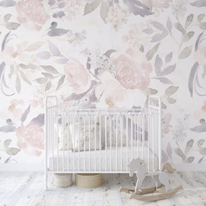 CANVAS Removable Wallpaper PRIM VINTAGE Floral Nursery Wall Décor Nursery Botanical Peel and Stick wallpaper baby girl pink Romantic 0156
