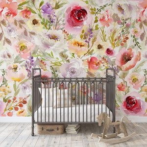 Removable Wallpaper SCARLETT Watercolor Floral Nursery Wall Décor Nursery wallpaper peel and stick wallpaper baby girl nursery 0187