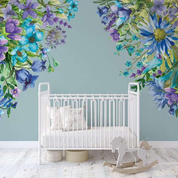 WILD BLUE Wall Decal Corners Flowers Bouquet Girl Floral Nursery Décor Watercolor Vinyl Fabric Graphic Decals Blue Purple Wild Flowers