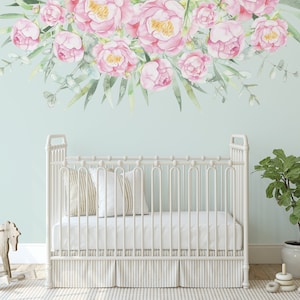 ASHLEY Border Wall Decal PINK Mint Flowers Nursery Décor Watercolor Pink Eucalyptus Green Pastel Colors Girl Baby Room Wall Graphics