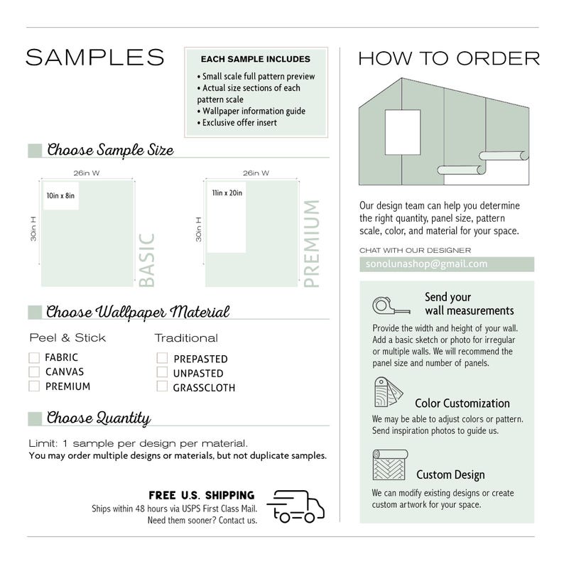 May include: Informational graphic with text about wallpaper samples, materials, and ordering instructions. Includes sample size dimensions of 26 inches wide by 10 inches high and 26 inches wide by 11 inches high. Also shows how to order and customize.