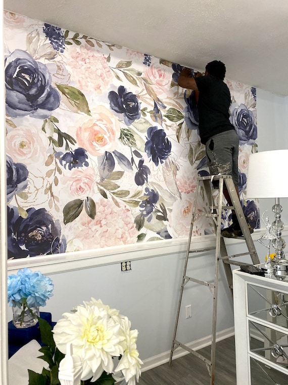 Office Wallpaper, Floral Wallpaper, Moody Wallpaper, Botanical Blue Wallpaper, Peel and Stick or Traditional Wallpaper 0154-78