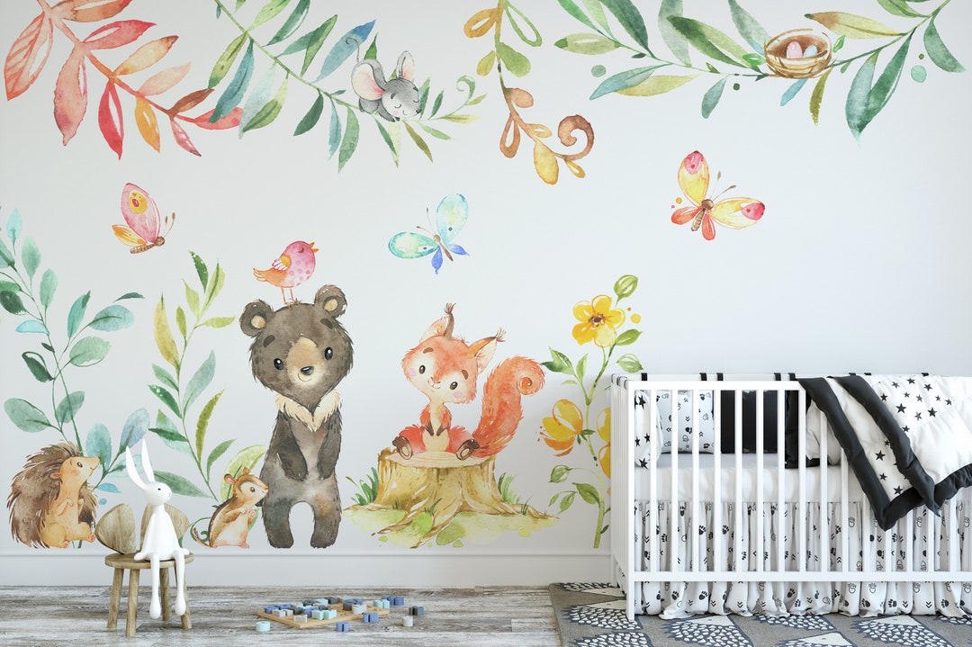 SPRING FOREST Nursery Wall Decor Woodland Animals Fox Bear Hedgehog ...