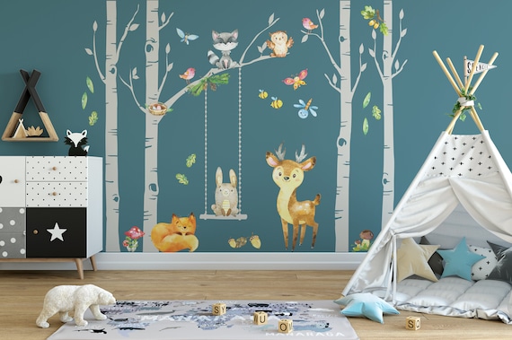 Forest Owl Butterfly Swing Rabbit Squirrel Wall Stickers Animal Kids Rooms Decor