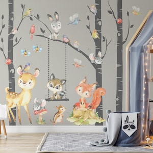 WOODLAND Nursery Wall Decals 4 VINYL Birch Trees + FABRIC Animals Fox Deer Raccoon Bunny Wall Decor Forest Neutral Boy Girl Baby Room