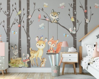 WOODLAND Nursery Wall Decals 6 VINYL Birch Trees + FABRIC Animals Fox Deer Raccoon Bunny Wall Decor Forest Neutral Boy Girl Baby Room