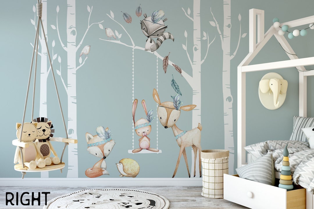 Fox Tribe BOYS Woodland Nursery Décor 4 Birch Trees Forest Animals Deer ...