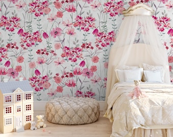 REMOVABLE Wallpaper ALEXIS S Pink Floral Wall Décor Nursery Wallpaper Peel and Stick FABRIC Watercolor Baby Girl  Wild Flowers Prairie 0007S