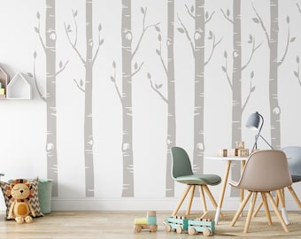 Woodland Nursery Decor 8 Birch Trees Forest Wall Decal Neutral Boy Girl Baby Room