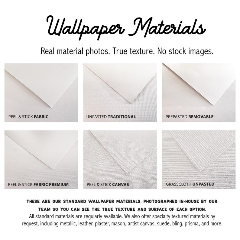 May include: A grid of six white wallpaper material samples labeled Peel & Stick Fabric, Unpasted Traditional, Prepasted Removable, Peel & Stick Fabric Premium, Peel & Stick Canvas, and Grasscloth Unpasted, with text headers and descriptive footer text.
