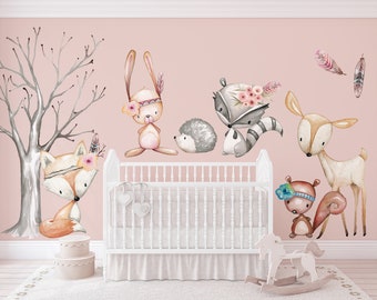 Fox TRIBE Woodland Nursery Decor Forest Animals Fox Deer Raccoon Bunny Wall Decal Girl Forest Baby Room Above Crib