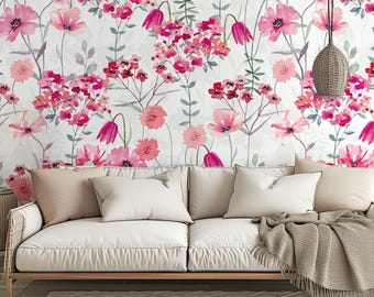 REMOVABLE Peel and Stick FABRIC Wallpaper ALEXIS Pink Floral Wall Décor Nursery Wallpaper Watercolor Baby Girl  Wild Flowers Prairie 0007