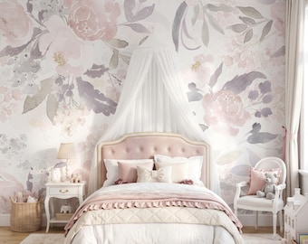 May include: A bedroom featuring a bed with a tufted pink headboard, a white canopy, and floral wallpaper in shades of pink, gray, and white. The room includes a white nightstand, a white chair with a pink pillow, and woven storage baskets.
