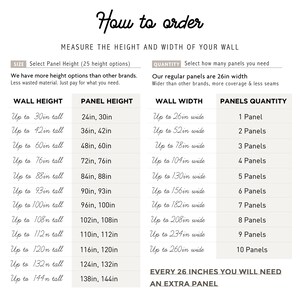 May include: An informational chart titled How to order with instructions to measure wall height and width. It features two tables detailing panel height options and panel quantity based on wall width in inches, noting a 26-inch regular panel width.