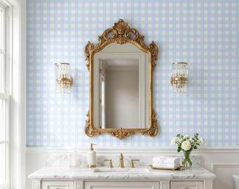 Bathroom Wallpaper Blue Gingham, Peel and Stick Stripe Wallpaper, Removable Cottage Wall 0569-26