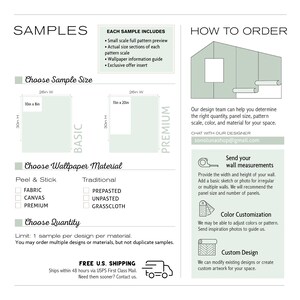 May include: Informational graphic with text about wallpaper samples, materials, and ordering instructions. Includes sample size dimensions of 26 inches wide by 10 inches high and 26 inches wide by 11 inches high. Also shows how to order and customize.