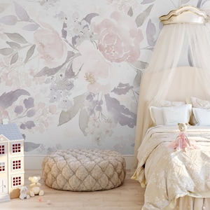 PREPASTED Wallpaper PRIM VINTAGE Floral Wall Décor Nursery Removable Wallpaper Matte Watercolor Baby Girl Room Pink Purple Flowers 0156