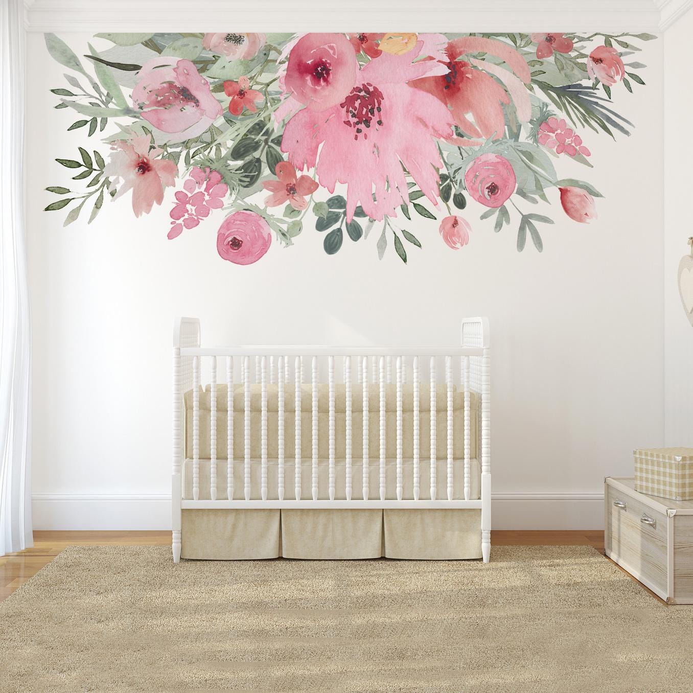 WILD BLOOM Border Frame Nursery Decor Watercolor Flowers Pink Green Pastel Colors Wall Decal Girl Baby Room Wall Decor