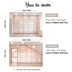 May include: An instructional graphic titled How to order showing two wall examples with dimensions. The first shows a 125in wide by 94in tall wall requiring 5 panels 96in tall. The second shows a 150in wide by 91in tall wall requiring 6 panels 93in tall.