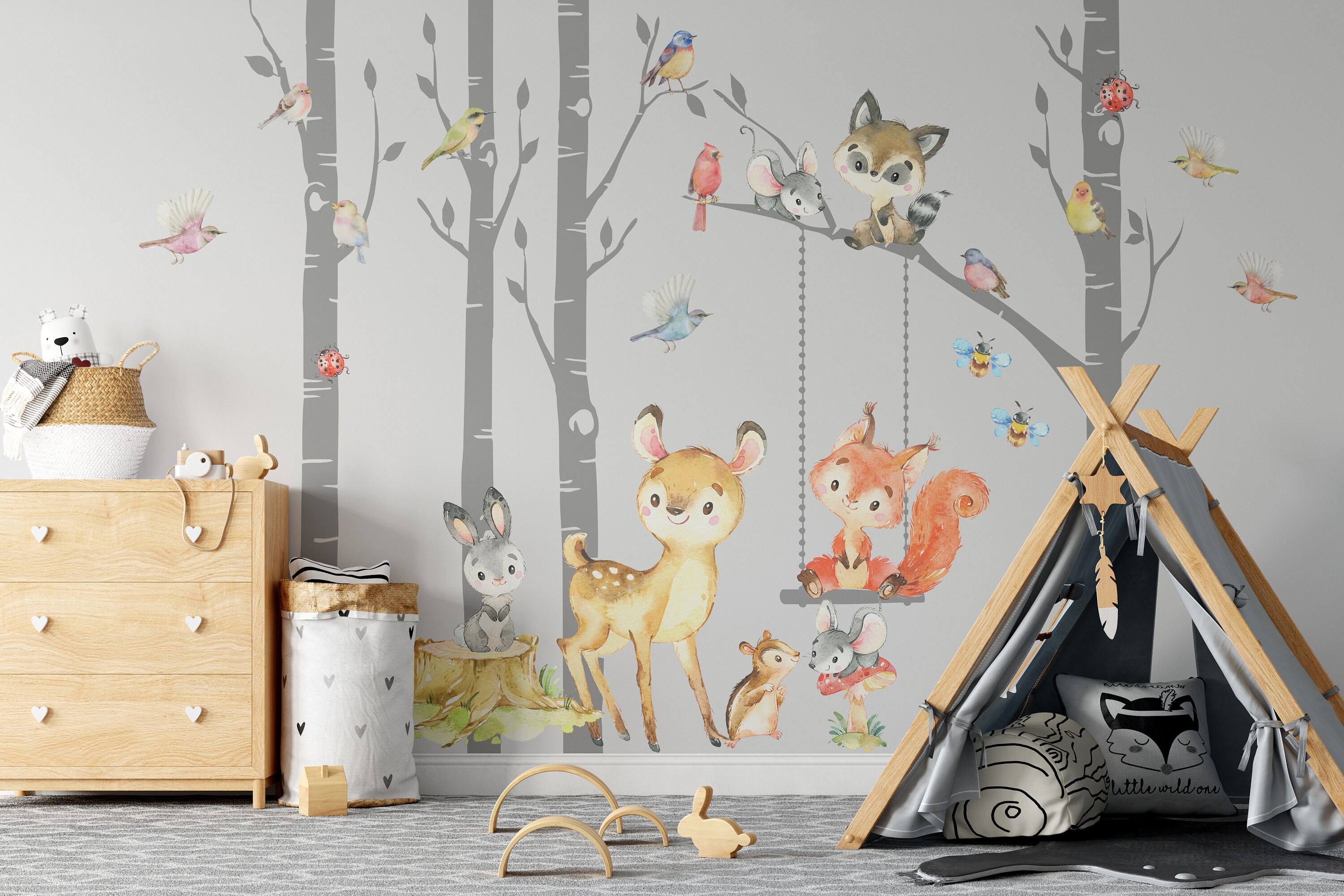 SAMPLES Woodland Nursery Decor Trees Forest Animals Fox Deer Raccoon ...
