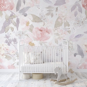 Removable Wallpaper PRIM GARDEN Peel and Stick FABRIC Floral Wallpaper Pink Nursery Wall Décor Nursery Wallpaper Baby Girl Room 0157