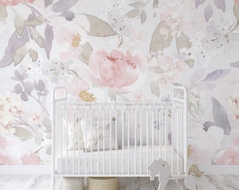 Romantic Floral Nursery Wallpaper | Peel and Stick Pink Peony Wall 0157-104