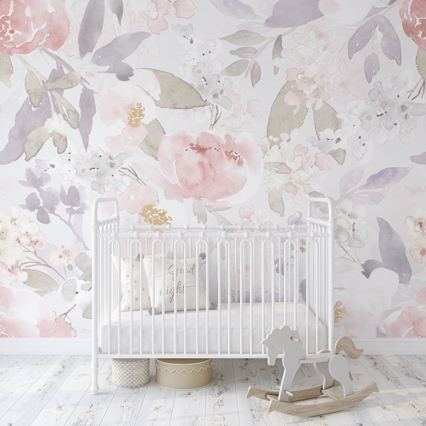 Removable Wallpaper PRIM GARDEN Peel and Stick FABRIC Floral Wallpaper Pink Nursery Wall Décor Nursery Wallpaper Baby Girl Room 0157