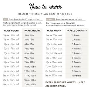 May include: An informational chart titled How to order with instructions to measure wall height and width. It features two tables detailing panel height options and panel quantity based on wall width in inches, noting a 26-inch regular panel width.