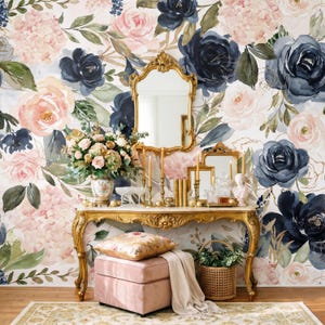 Floral Wallpaper, Mural Wallpaper, Moody Wallpaper, Blue Vintage Wallpaper, Peel and Stick or Traditional Wallpaper 0154-130
