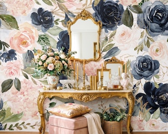 Floral Wallpaper, Mural Wallpaper, Moody Wallpaper, Blue Vintage Wallpaper, Peel and Stick or Traditional Wallpaper 0154-130