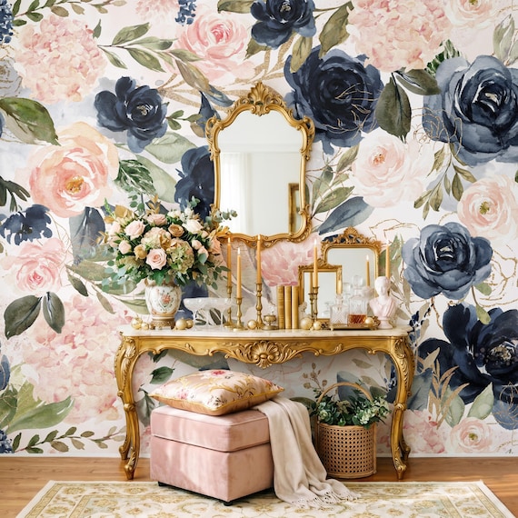 Floral Wallpaper, Mural Wallpaper, Moody Wallpaper, Blue Vintage Wallpaper, Peel and Stick or Traditional Wallpaper 0154-130