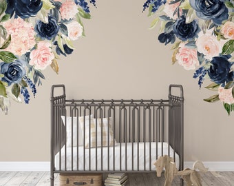 NAVY BLUSH Corners Wall Flowers Peel and Stick Roses Bouquet Wall Decals Girl Floral Nursery Décor Watercolor Wall Floral Decal Blue Peonies