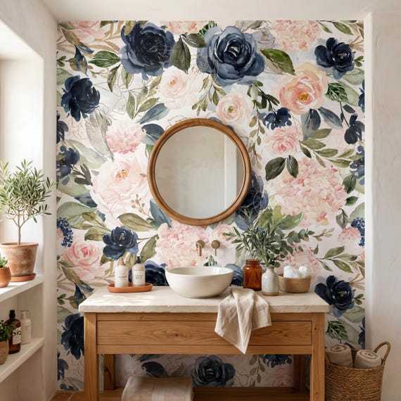 Bathroom Wallpaper, Floral Wallpaper, Moody Wallpaper, Blue Victorian Wallpaper, Peel and Stick 0154-78