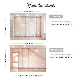 May include: Diagram illustrating how to measure a wall for wallpaper installation. The image shows two example walls, one 125 inches wide and 94 inches tall, and another 150 inches wide and 91 inches tall. Instructions include selecting panels.