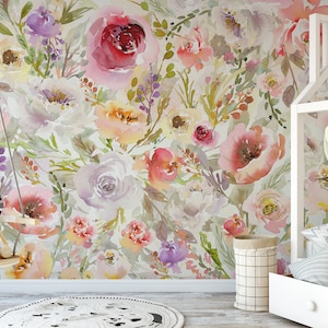 TRADITIONAL Unpasted Wallpaper SCARLETT Watercolor Floral Nursery Wall Décor Nursery wallpaper baby girl nursery 0187