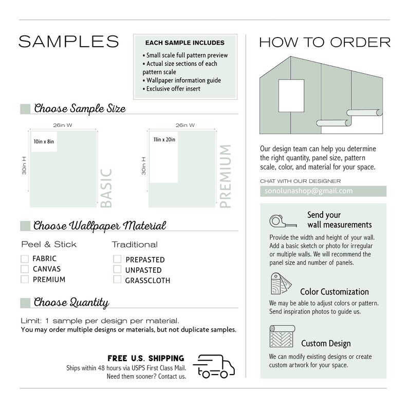 May include: An informational graphic detailing wallpaper sample options, including basic and premium sizes of 10in x 8in and 11in x 20in. It lists material choices like peel and stick fabric, canvas, and traditional prepasted, unpasted, or grasscloth options.