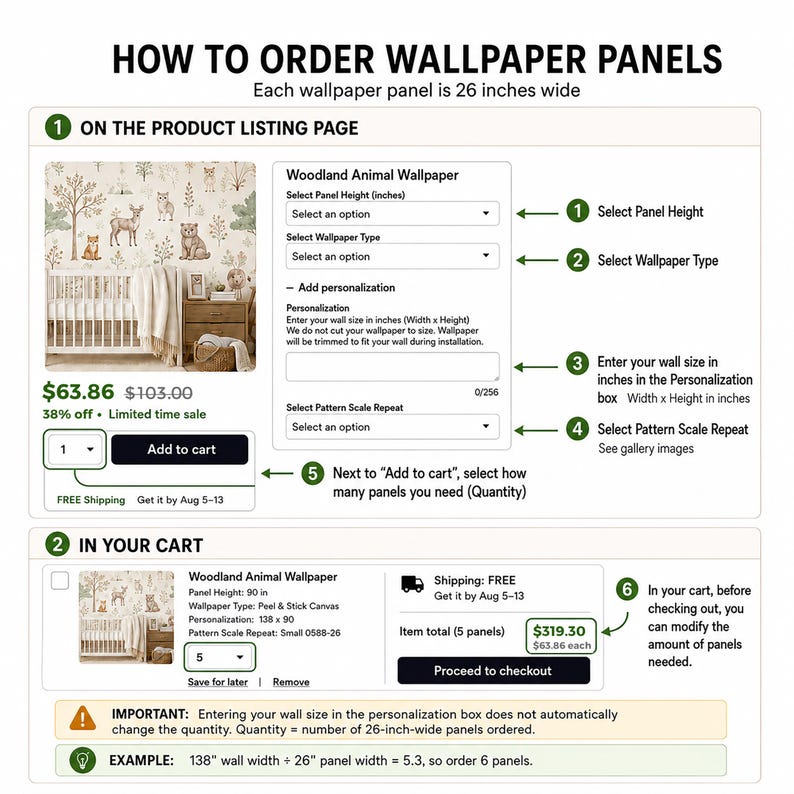 May include: An instructional infographic titled HOW TO ORDER WALLPAPER PANELS. It shows a product listing page with dropdowns for panel height, type, and pattern scale, plus a personalization box. It also displays a cart view with quantity selection.