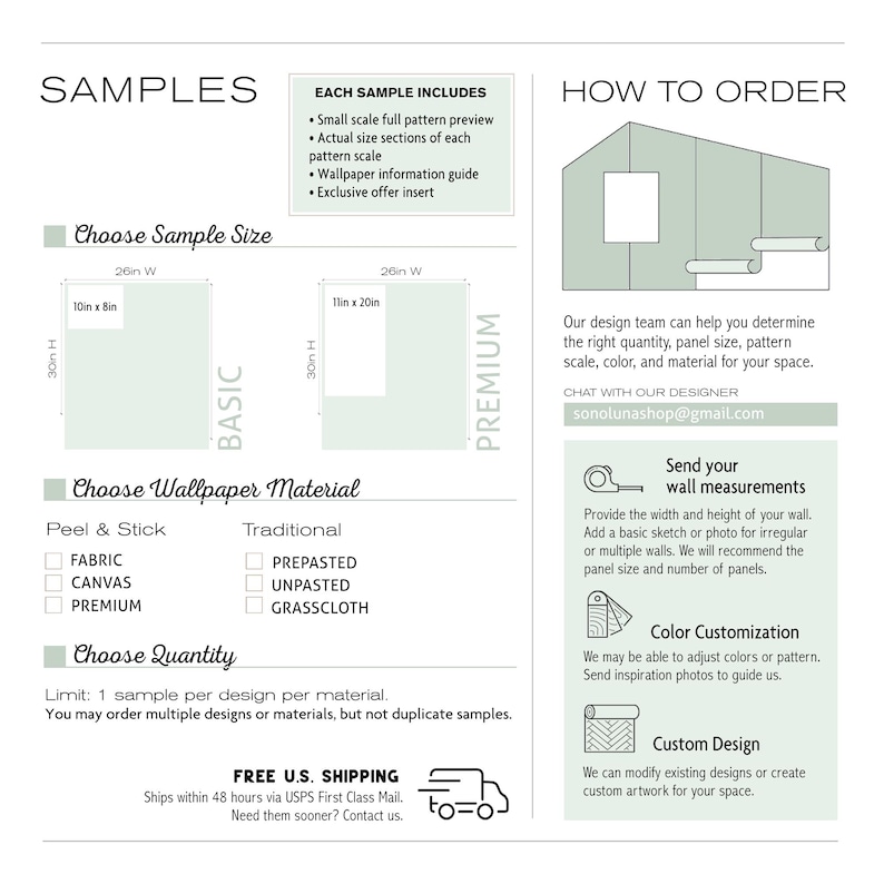 May include: An informational graphic detailing wallpaper sample options, including basic and premium sizes of 10in x 8in and 11in x 20in. It lists material choices like peel and stick fabric, canvas, and traditional prepasted, unpasted, or grasscloth options.