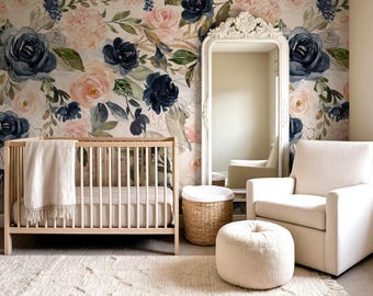 Nursery Wallpaper, Floral Wallpaper, Blue Wallpaper, Peel and Stick 0154-130