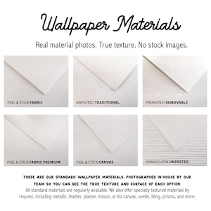 May include: Image showcasing various wallpaper materials, including Peel & Stick Fabric, Unpasted Traditional, and Pre-pasted Removable. The image also features Peel & Stick Fabric Premium, Peel & Stick Canvas, and Grasscloth Unpasted. Text reads "Wallpaper Materials" and "Real material photos. True texture. No stock images."