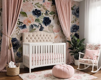Nursery Wallpaper, Floral Wallpaper, Blue Botanical Wallpaper, Peel and Stick 0154-52