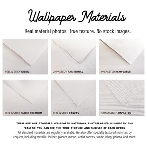 May include: A grid of six white wallpaper material samples labeled Peel & Stick Fabric, Unpasted Traditional, Prepasted Removable, Peel & Stick Fabric Premium, Peel & Stick Canvas, and Grasscloth Unpasted, with text headers and descriptive footer text.