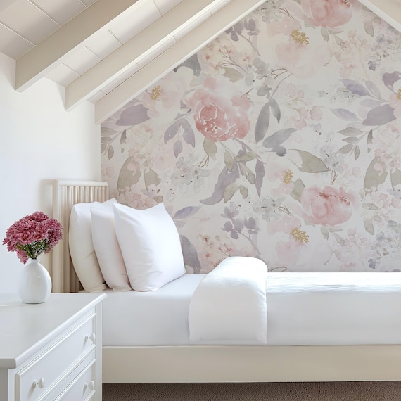 Blush Floral Accent Wallpaper | Pink Peony Romantic Wall 0157-78