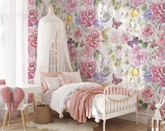 TRADITIONAL Unpasted Wallpaper Floral Nursery Wall Décor ROSES Peonies Butterfly Pink Girls Bedroom 0214-52