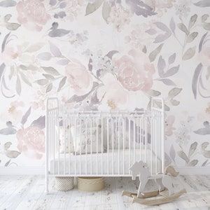 PREPASTED Matte Wallpaper PRIM VINTAGE Floral Wall Décor Nursery Removable Wallpaper Watercolor Baby Girl Room Pink Purple Flowers 0156