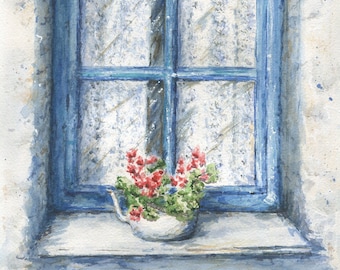 Puede incluir: Pintura a la acuarela de una ventana azul con una cortina de encaje blanco. Una maceta blanca con forma de tetera en el alféizar contiene flores rojas y hojas verdes. La ventana está situada en una pared blanca y coronada por un tejado de paja.