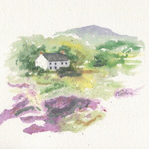 May include: Watercolour painting of a white cottage with a dark grey roof set in a green landscape. A mountain is in the background, and purple flowers are in the foreground. The artwork is on a white background.