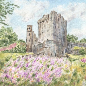May include: Watercolor painting of a stone castle ruin on a grassy hill, surrounded by trees and purple flowers. The sky is blue with fluffy white clouds. The castle has multiple towers and windows.