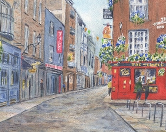 The Temple Bar, Dublin Ireland painting print, Dublin print, Ireland pub painting, Ireland landscape, Irish art, Irish pub print,