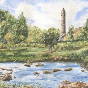 Glendalough Round Tower Ireland Watercolor Prints, Wicklow Ireland, Ireland Irish art, Irish painting, Irish wall art